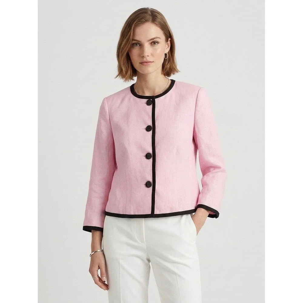 Lauren Ralph Lauren Petite Pink Linen Blazer Black Trim Button Front Jacket 8P
